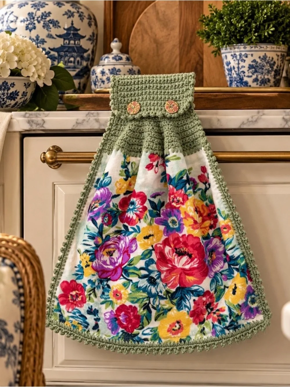 Pioneer Woman Floral Sage Green Crochet Hanging Kitchen Towel